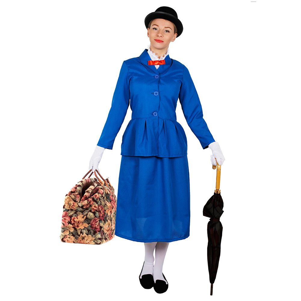 VICTORIAN NANNY COSTUME SET BAG HAT BOW TIE GLOVES LADIES FANCY DRESS OUTFIT